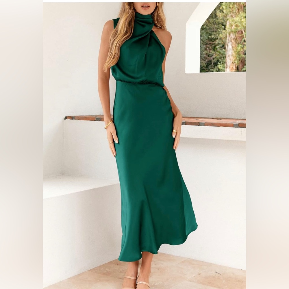 Ferlema Womens Formal Satin Dress Mock Neck Keyhole Sleeveless Wedding